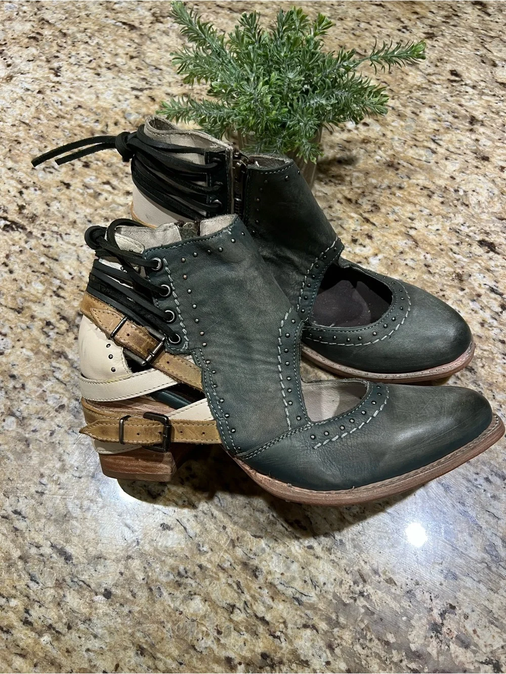Freebird Desert Green Leather Lace-Up Ankle Boot with Stud Detail 11